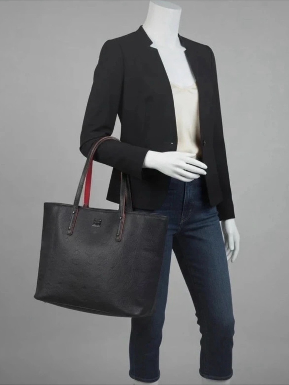 MCM Black Embossed Leather Tote with Red Trim
